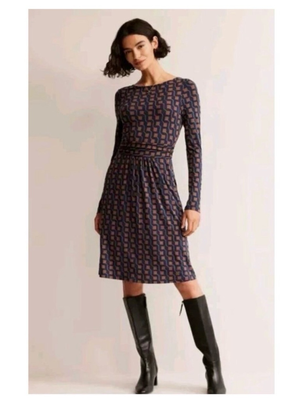 Boden Abigail Long Sleeve Dress in French Navy Mosaic Size 6L